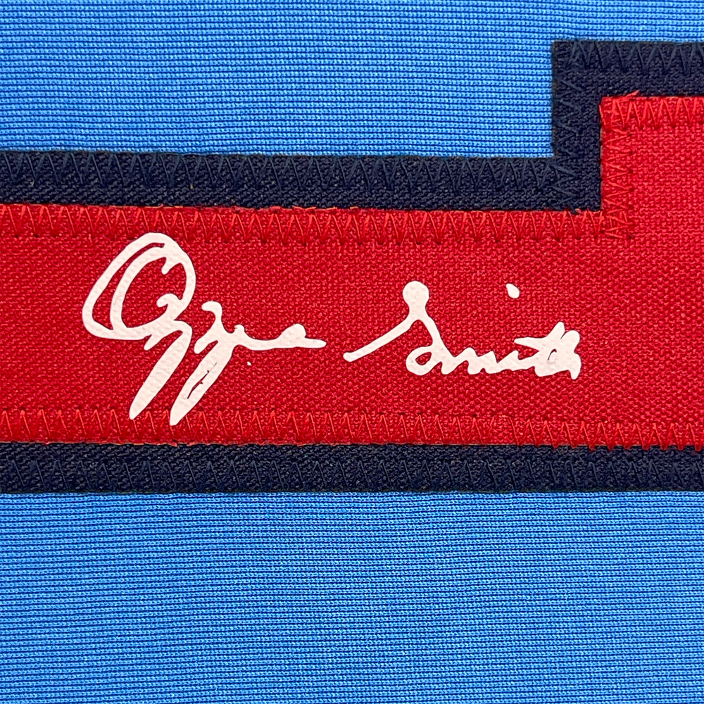 Framed Facsimile Autographed Ozzie Smith 35x39 St. Louis Blue Reprint Laser Auto Baseball Jersey (ONLINE ORDER ONLY)