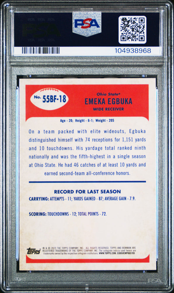 Graded 2023 Topps Bowman U Chrome Emeka Egbuka #55BF18 1955 Bowman Rookie RC Football Card PSA 10 Gem Mint (ONLINE ORDER ONLY)