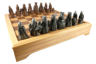 Chess Set - Metal Isle of Lewis Metal Chess Pieces on Inlaid Beechwood Chest (ONLINE ORDER ONLY)