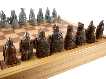 Chess Set - Metal Isle of Lewis Metal Chess Pieces on Inlaid Beechwood Chest (ONLINE ORDER ONLY)