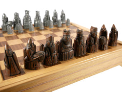 Chess Set - Metal Isle of Lewis Metal Chess Pieces on Inlaid Beechwood Chest (ONLINE ORDER ONLY)
