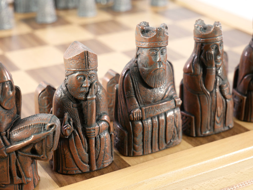 Chess Set - Metal Isle of Lewis Metal Chess Pieces on Inlaid Beechwood Chest (ONLINE ORDER ONLY)