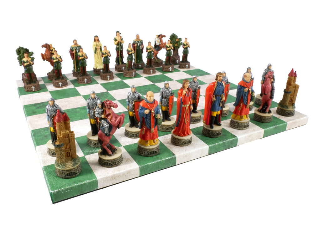 Chess Set - Robin Hood Chessmen on Green & Cream Faux Leatherette Chess Board (ONLINE ORDER ONLY)