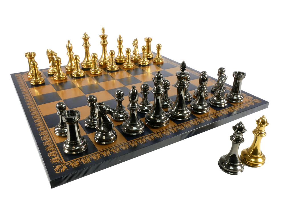 Chess Set - Brass Staunton Chessmen on Blue & Gold Leather Chess Board (ONLINE ORDER ONLY)