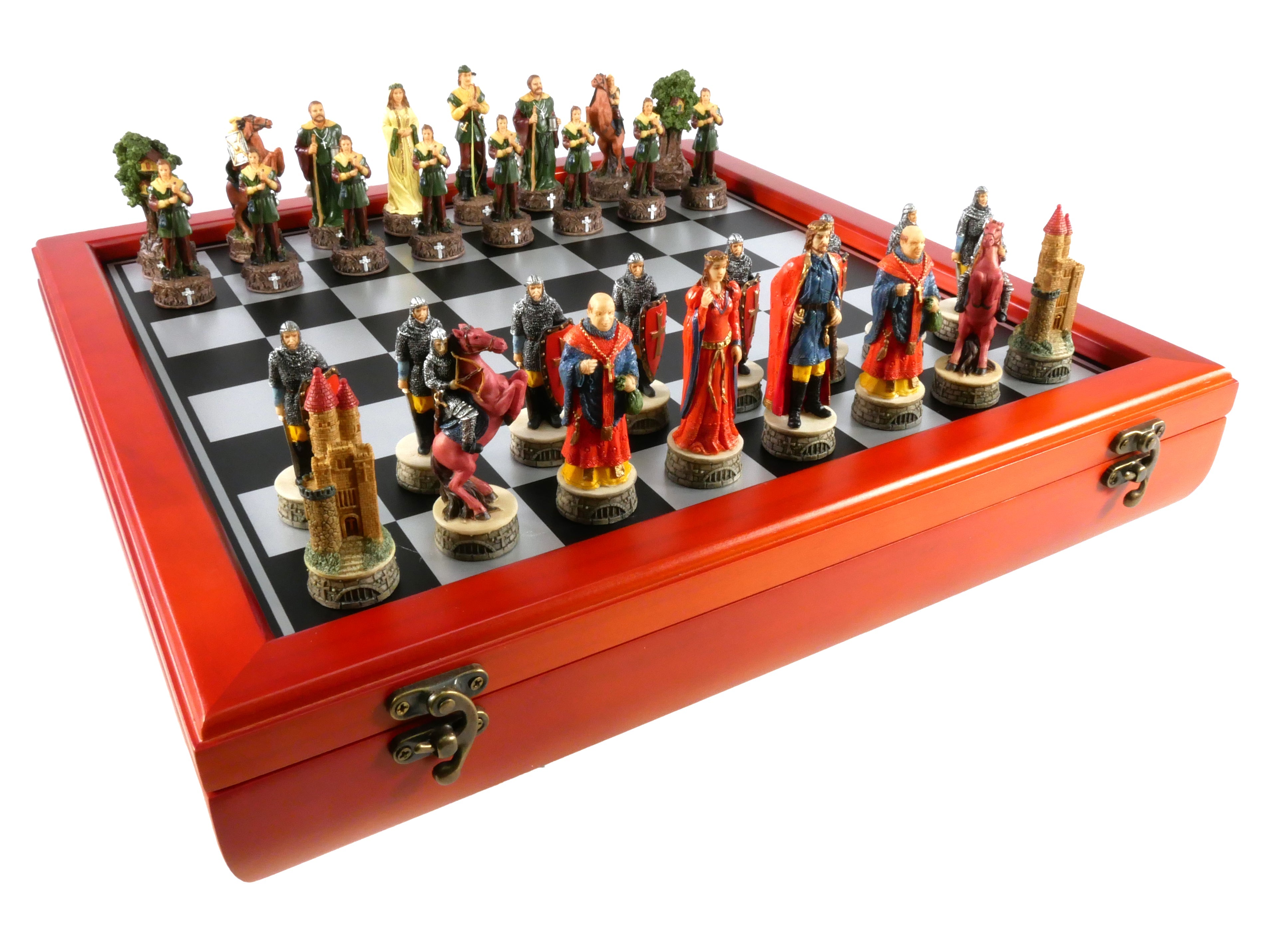 Chess Set -Robin Hood Resin Chessmen on Cherry Stained Chest (ONLINE ORDER ONLY)