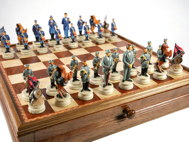 Chess Set - Civil War Resin Chessmen on Walnut/Maple Chest (ONLINE ORDER ONLY)