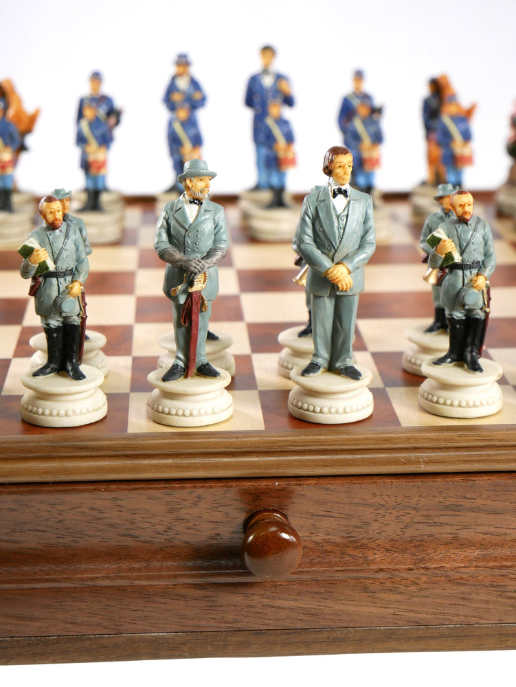Chess Set - Civil War Resin Chessmen on Walnut/Maple Chest (ONLINE ORDER ONLY)