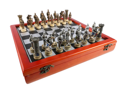 Chess Set - Armored Knights Chess Pieces on Cherry Chest (ONLINE ORDER ONLY)