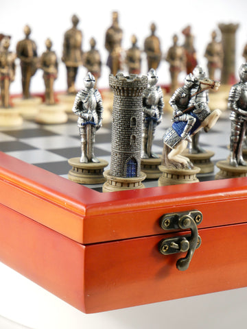 Chess Set - Armored Knights Chess Pieces on Cherry Chest (ONLINE ORDER ONLY)