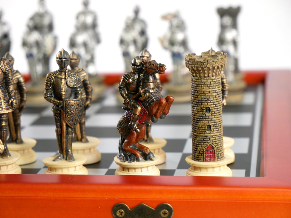 Chess Set - Armored Knights Chess Pieces on Cherry Chest (ONLINE ORDER ONLY)