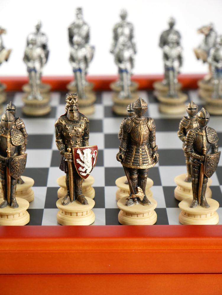 Chess Set - Armored Knights Chess Pieces on Cherry Chest (ONLINE ORDER ONLY)