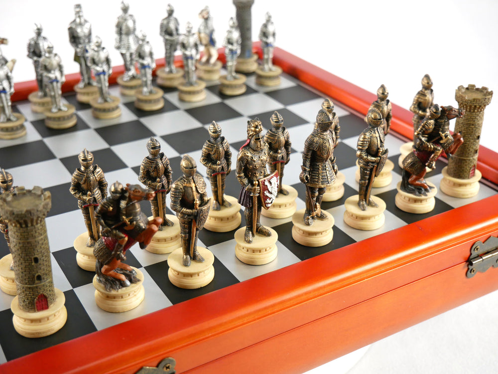 Chess Set - Armored Knights Chess Pieces on Cherry Chest (ONLINE ORDER ONLY)