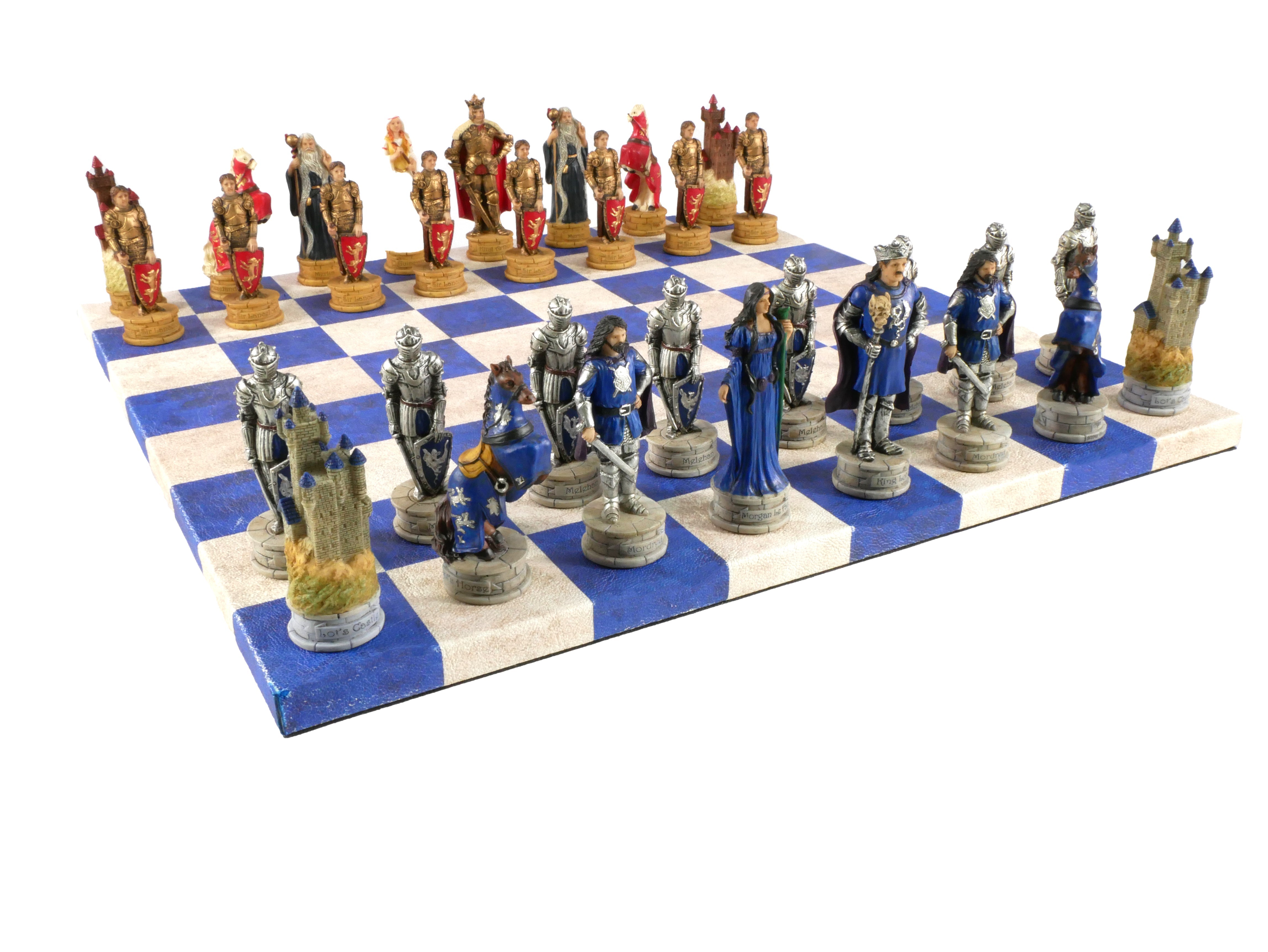 Chess Set - King Arthur Resin Chessmen on Blue & Cream Faux Leatherette Chess Board (ONLINE ORDER ONLY)