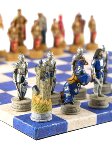 Chess Set - King Arthur Resin Chessmen on Blue & Cream Faux Leatherette Chess Board (ONLINE ORDER ONLY)