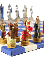 Chess Set - King Arthur Resin Chessmen on Blue & Cream Faux Leatherette Chess Board (ONLINE ORDER ONLY)
