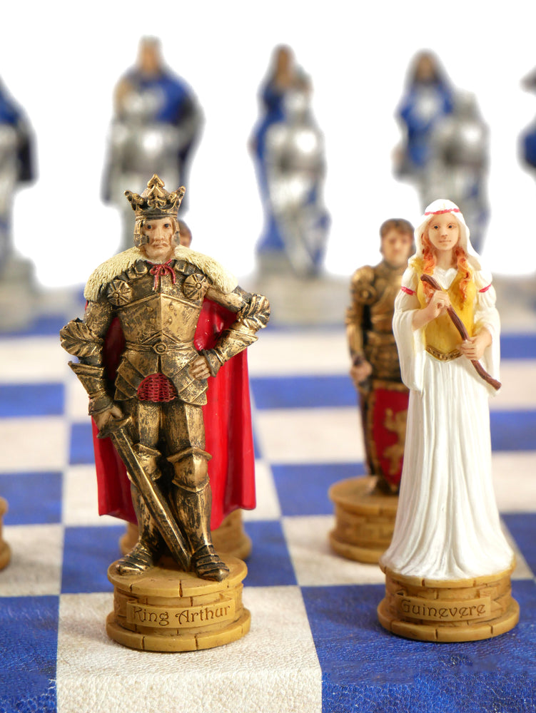 Chess Set - King Arthur Resin Chessmen on Blue & Cream Faux Leatherette Chess Board (ONLINE ORDER ONLY)