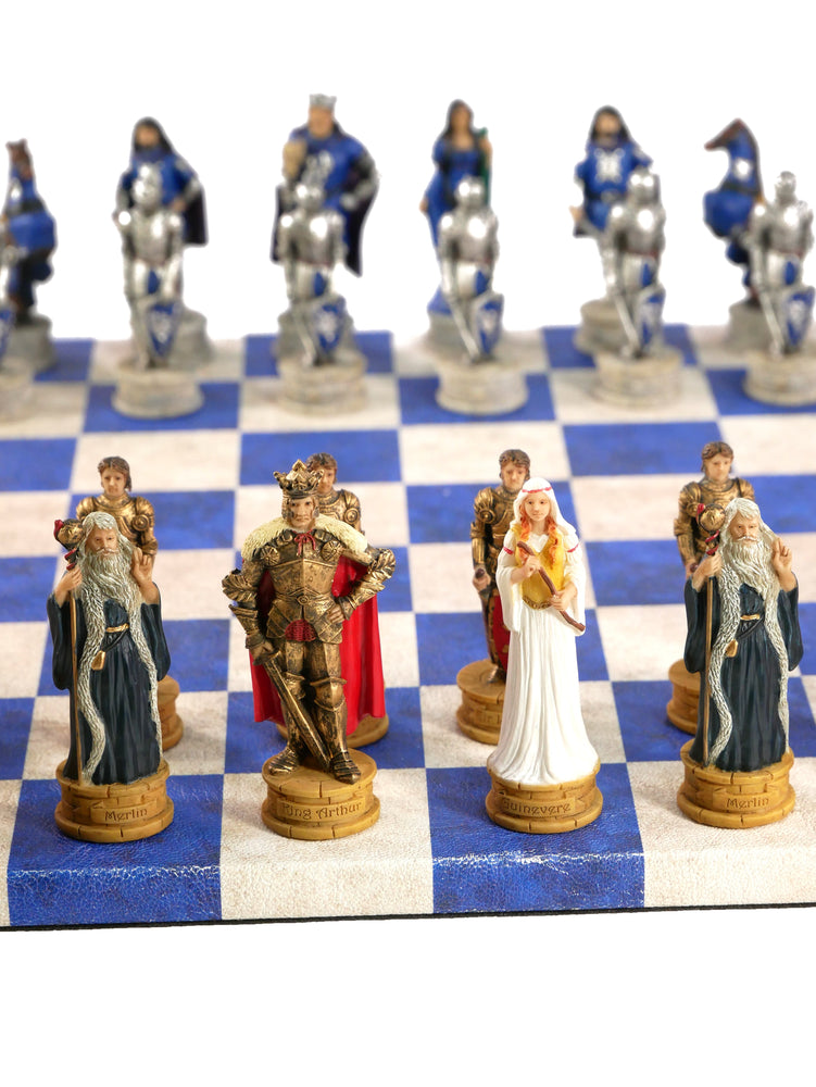 Chess Set - King Arthur Resin Chessmen on Blue & Cream Faux Leatherette Chess Board (ONLINE ORDER ONLY)