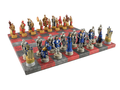 Chess Set - King Arthur Resin Chessmen on Red & Dusky Black Faux Leatherette Chess Board (ONLINE ORDER ONLY)
