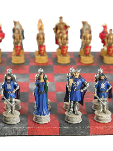 Chess Set - King Arthur Resin Chessmen on Red & Dusky Black Faux Leatherette Chess Board (ONLINE ORDER ONLY)