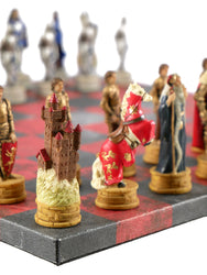 Chess Set - King Arthur Resin Chessmen on Red & Dusky Black Faux Leatherette Chess Board (ONLINE ORDER ONLY)