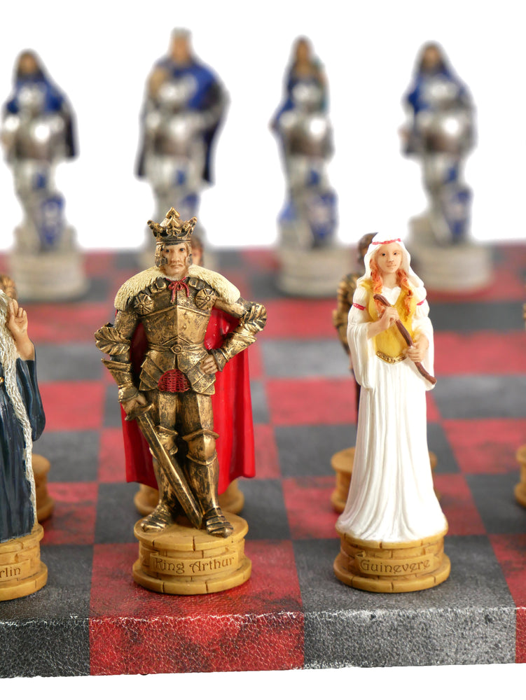 Chess Set - King Arthur Resin Chessmen on Red & Dusky Black Faux Leatherette Chess Board (ONLINE ORDER ONLY)