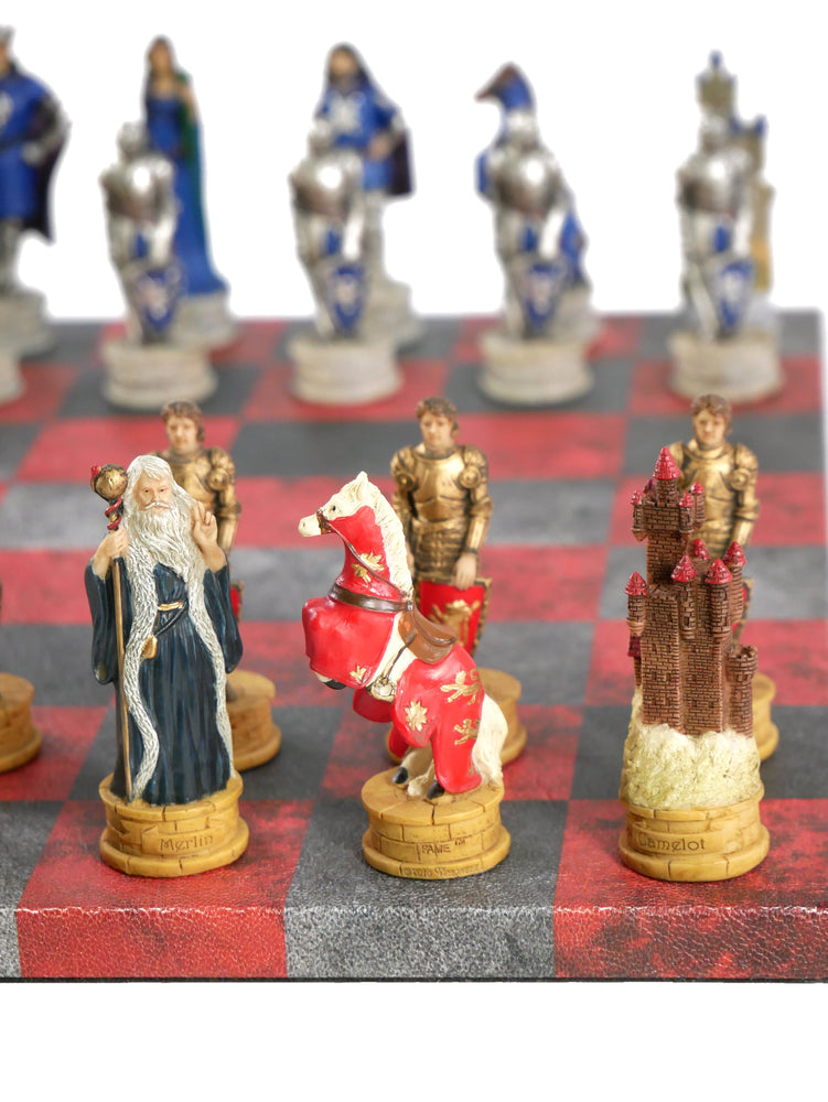 Chess Set - King Arthur Resin Chessmen on Red & Dusky Black Faux Leatherette Chess Board (ONLINE ORDER ONLY)