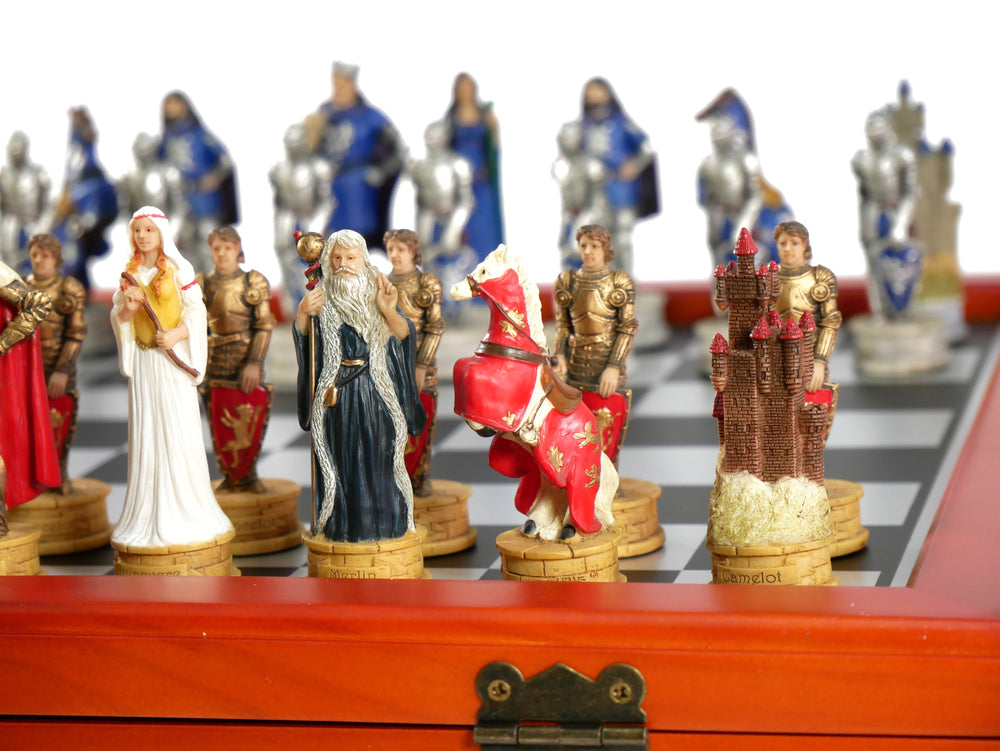 Chess Set - King Arthur Resin Chessmen on Cherry Chest (ONLINE ORDER ONLY)