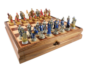 Chess Set - King Arthur Painted Resin on 15" Walnut/Maple Chest (ONLINE ORDER ONLY)