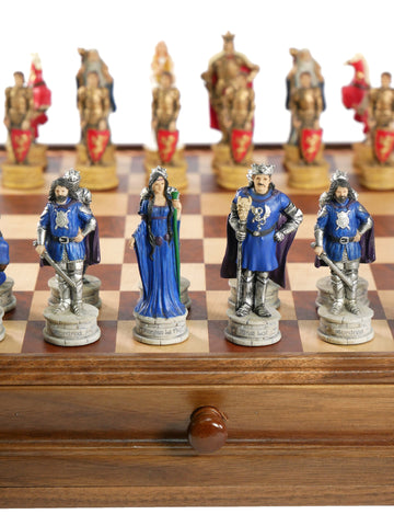 Chess Set - King Arthur Painted Resin on 15" Walnut/Maple Chest (ONLINE ORDER ONLY)