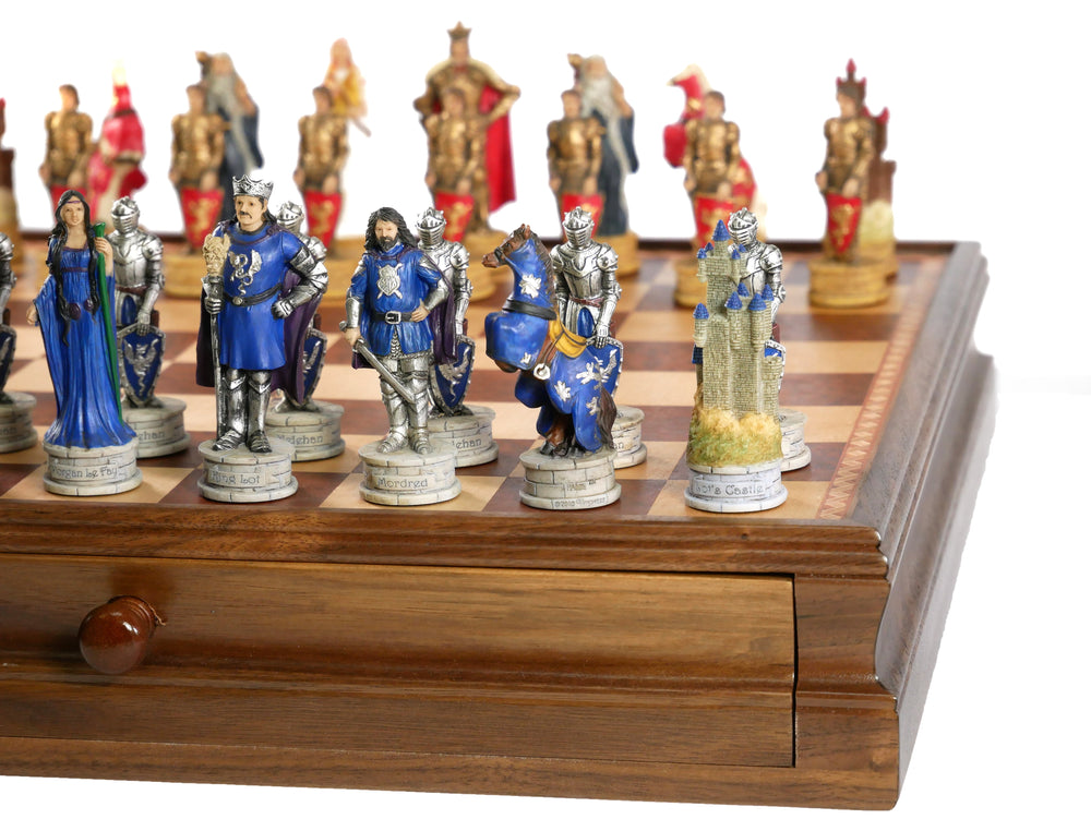 Chess Set - King Arthur Painted Resin on 15" Walnut/Maple Chest (ONLINE ORDER ONLY)