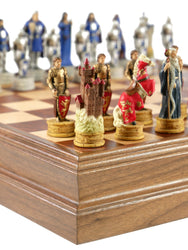 Chess Set - King Arthur Painted Resin on 15" Walnut/Maple Chest (ONLINE ORDER ONLY)