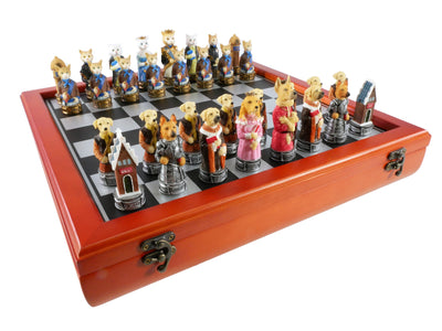 Chess Set - Cats & Dogs Resin Men on Cherry Stained Chest (ONLINE ORDER ONLY)