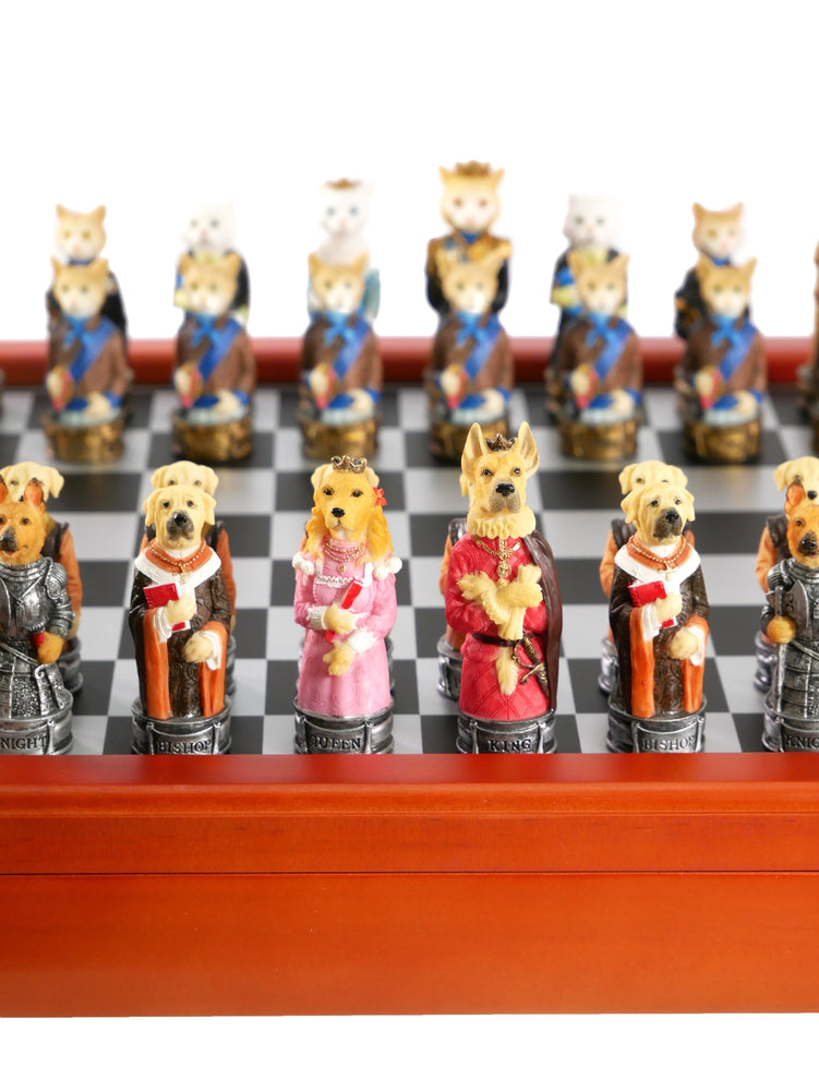 Chess Set - Cats & Dogs Resin Men on Cherry Stained Chest (ONLINE ORDER ONLY)