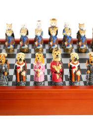 Chess Set - Cats & Dogs Resin Men on Cherry Stained Chest (ONLINE ORDER ONLY)