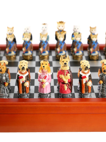 Chess Set - Cats & Dogs Resin Men on Cherry Stained Chest (ONLINE ORDER ONLY)