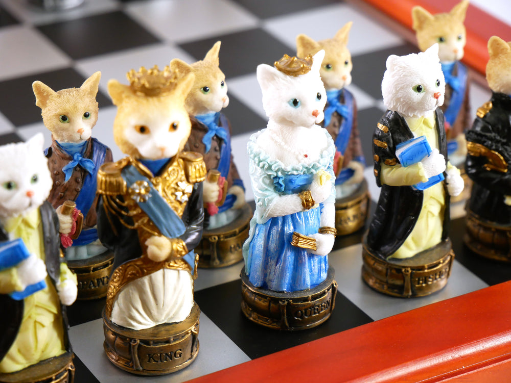Chess Set - Cats & Dogs Resin Men on Cherry Stained Chest (ONLINE ORDER ONLY)