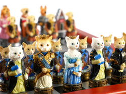 Chess Set - Cats & Dogs Resin Men on Cherry Stained Chest (ONLINE ORDER ONLY)