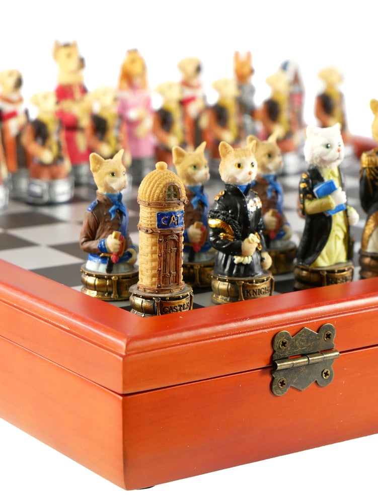 Chess Set - Cats & Dogs Resin Men on Cherry Stained Chest (ONLINE ORDER ONLY)