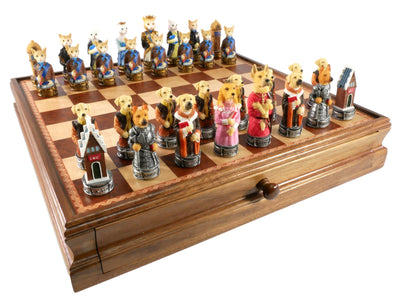 Chess Set - Cats & Dogs Resin Chessmen on Walnut Maple Chest (ONLINE ORDER ONLY)