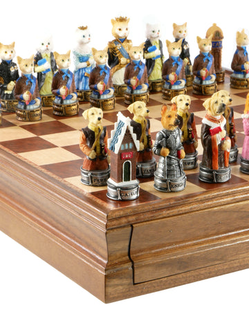 Chess Set - Cats & Dogs Resin Chessmen on Walnut Maple Chest (ONLINE ORDER ONLY)