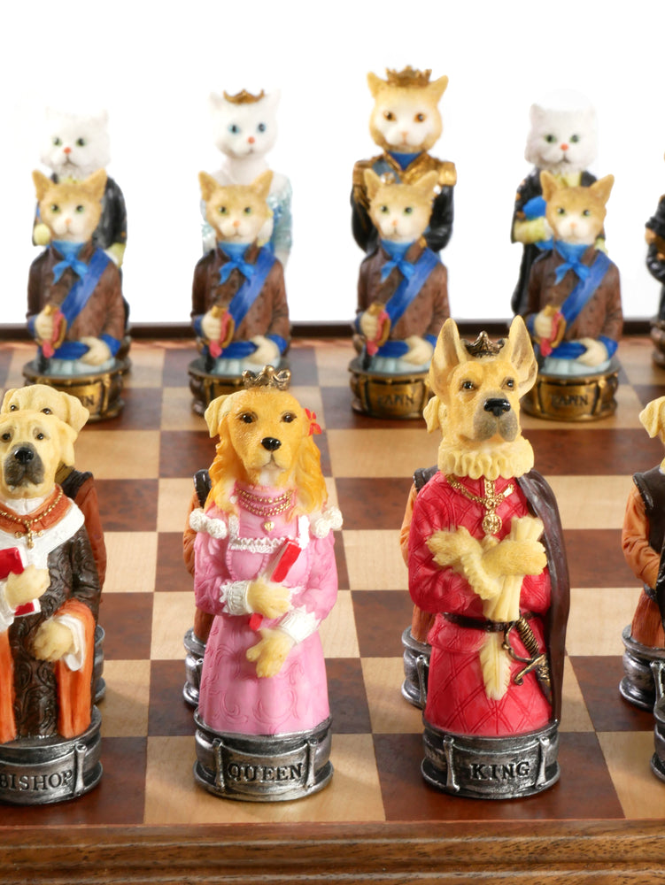 Chess Set - Cats & Dogs Resin Chessmen on Walnut Maple Chest (ONLINE ORDER ONLY)