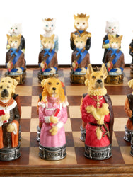 Chess Set - Cats & Dogs Resin Chessmen on Walnut Maple Chest (ONLINE ORDER ONLY)
