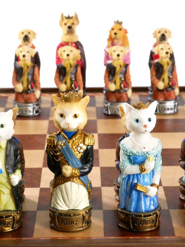 Chess Set - Cats & Dogs Resin Chessmen on Walnut Maple Chest (ONLINE ORDER ONLY)