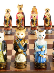 Chess Set - Cats & Dogs Resin Chessmen on Walnut Maple Chest (ONLINE ORDER ONLY)
