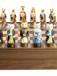 Chess Set - Cats & Dogs Resin Chessmen on Walnut Maple Chest (ONLINE ORDER ONLY)