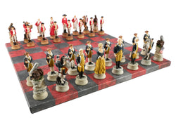Chess Set - Painted Resin American Revolution Pieces on Red & Dusky Black Faux Leatherette Chess Board (ONLINE ORDER ONLY)