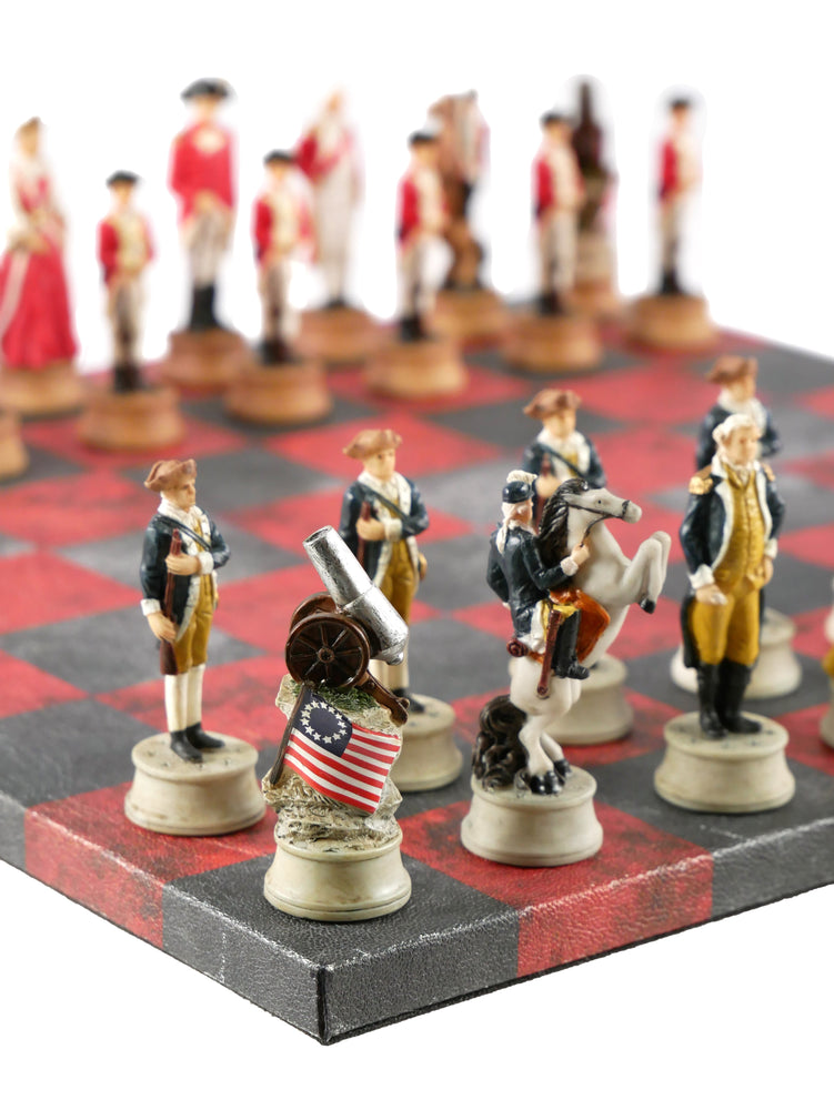 Chess Set - Painted Resin American Revolution Pieces on Red & Dusky Black Faux Leatherette Chess Board (ONLINE ORDER ONLY)