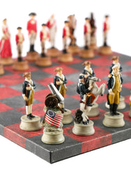 Chess Set - Painted Resin American Revolution Pieces on Red & Dusky Black Faux Leatherette Chess Board (ONLINE ORDER ONLY)