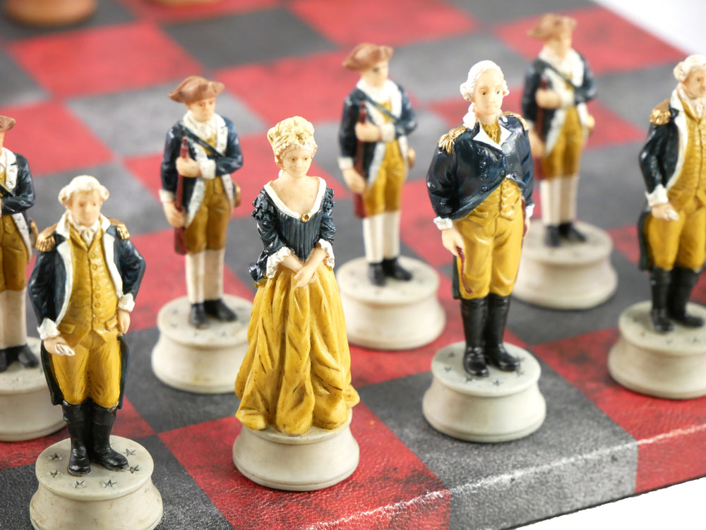 Chess Set - Painted Resin American Revolution Pieces on Red & Dusky Black Faux Leatherette Chess Board (ONLINE ORDER ONLY)