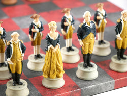 Chess Set - Painted Resin American Revolution Pieces on Red & Dusky Black Faux Leatherette Chess Board (ONLINE ORDER ONLY)